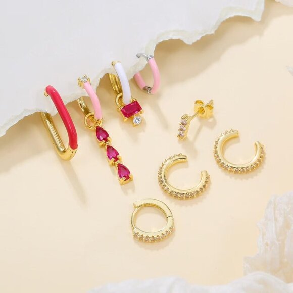 7Pcs  Pink Gold Hoop Multiple Piercing Hypoallergenic Hoop Earrings for Women - Picture 4 of 6